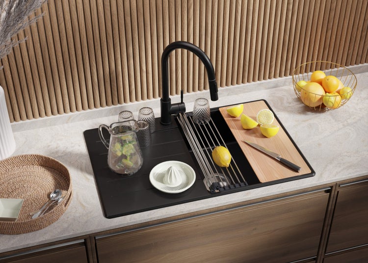PRIMAGRAN Spülbecken Schwarz 78x50cm, Granitspüle 1 Becken + Ablauf-Set + Schneidebrett, Küchenspüle ab 50er Unterschrank - Kopenhagen