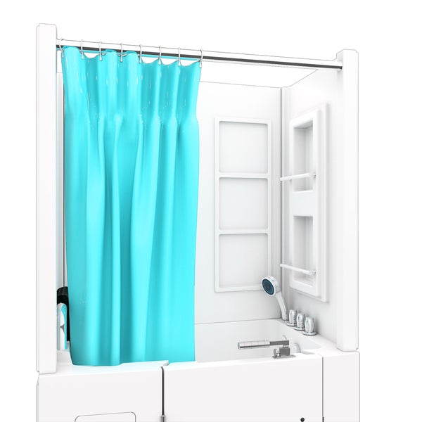 Begehbare Badewanne mit Duschvorhang, Handbrause und integrierten Wandnischen.