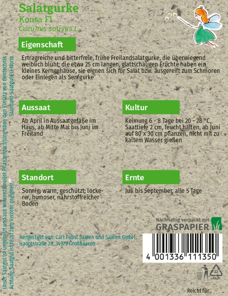 Rückseite der Saatgutpackung für Salatgurke Konsa F1 mit Anbauhinweisen zu Aussaat, Standort und Ernte sowie Hinweis auf Graspapier-Verpackung.