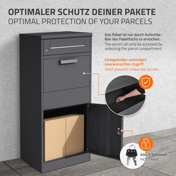 ML-Design Paketbriefkasten aus verzinktem Stahl in Anthrazit, 50x112x37 cm, freistehend, abschließbar, 2 Schlüssel, Standbriefkasten Paketbox Postkasten Paketkasten, für Pakete, Warensendungen, Briefe