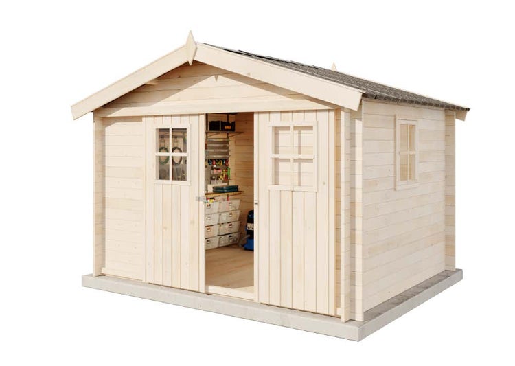 Alpholz Gerätehaus Evere 19 Gerätehaus aus Holz, Geräteschrank mit 19 mm Wandstärke, Gartenhaus mit Montagematerial, Naturbelassen 3,3x2,7m