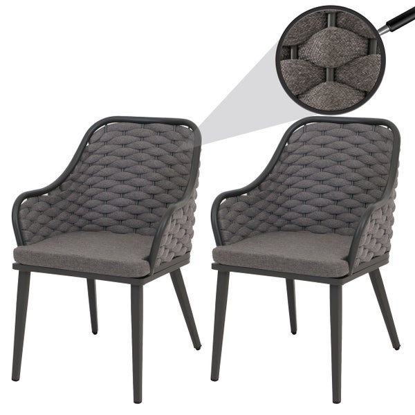 Zwei Armlehnstühle mit Geflecht und Sitzkissen