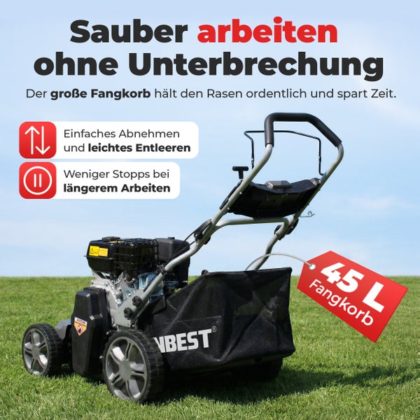 Benzin-Rasenmäher mit NBEST Logo und einem 45 Liter fassenden Fangkorb aus schwarzem Netzgewebe zum einfachen Abnehmen und Entleeren.