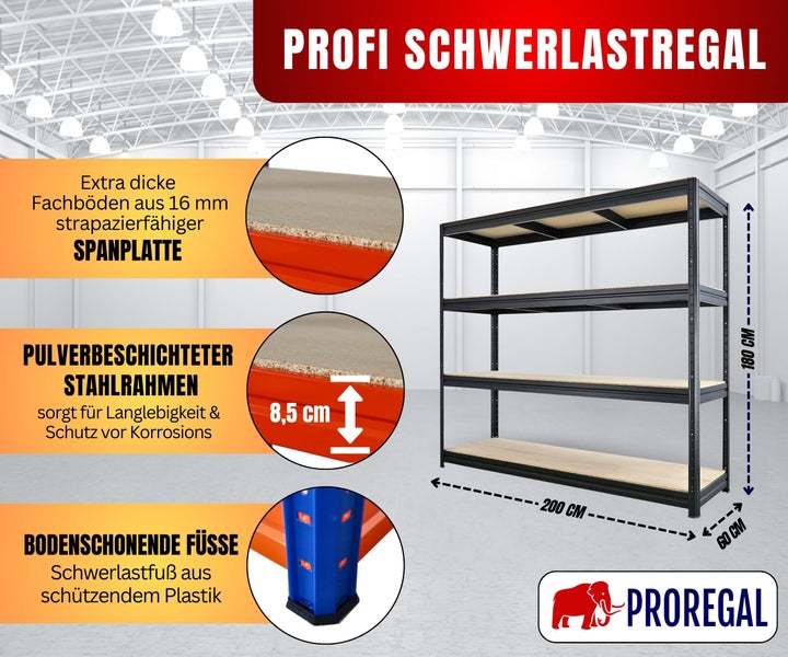 Profi Schwerlastregal, Stahlrahmen, 16 Millimeter Spanplatten, Kunststofffüße, 180 mal 200 mal 60 Zentimeter. PROREGAL Logo.