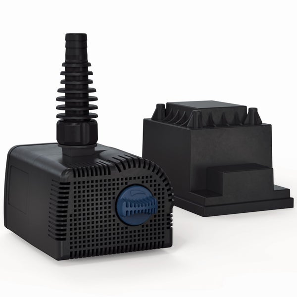 Teichpumpe aus schwarzem Kunststoff mit blauem Regler und Stufenschlauchtülle.