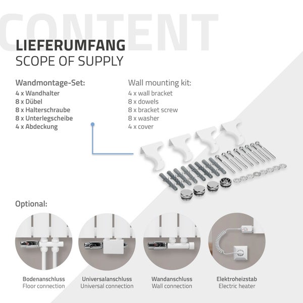 ML-Design Paneelheizkörper Einlagig 600 x 300 mm Weiß Mittelanschluss mit Bodenanschlussgarnitur Durchgangsform Multiblock & Thermostat, Badheizkörper Vertikal Designheizkörper Flachheizkörper Heizung