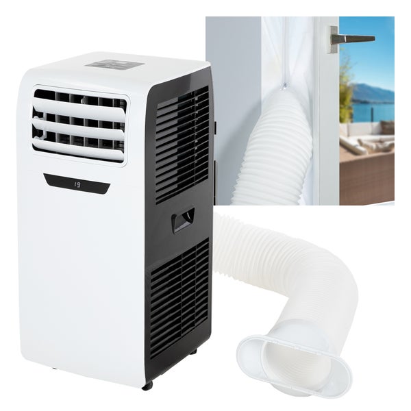 ECD Germany Mobile Klimaanlage 4in1 mit 9000 BTU 2,6kW, Klimagerät mit Abluftschlauch, Fensterabdichtung und Fernbedienung, für Räume bis 37m², EEK A, Luftkühler/Ventilator/ Luftentfeuchter/Nachtmodus
