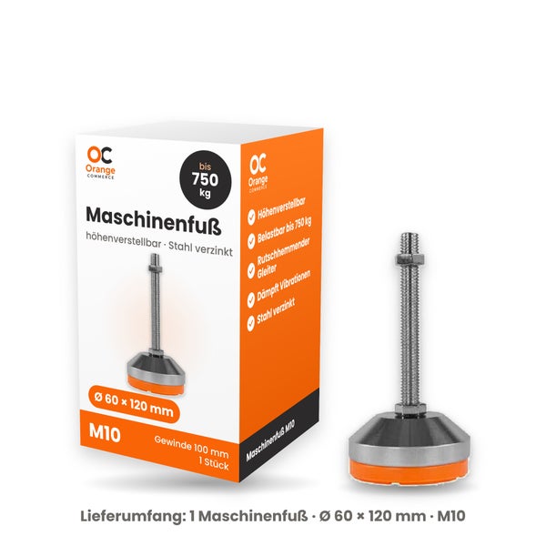 Maschinenfuß mit Gewindestange M10, Durchmesser 60 Millimeter und Länge 120 Millimeter, aus verzinktem Stahl, höhenverstellbar bis 750 Kilogramm.