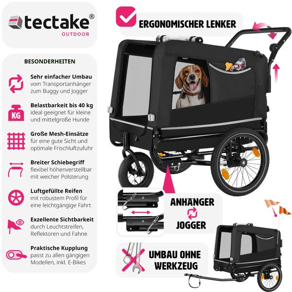 Hundeanhänger tectake WoofRider inklusive Reflektoren, Leine und Warnfahne 3in1 multifunktional schwarz
