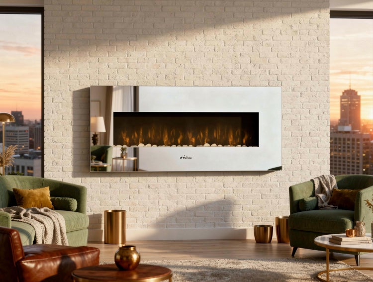 Wohnzimmer mit elektrischem Kamin an einer Ziegelwand