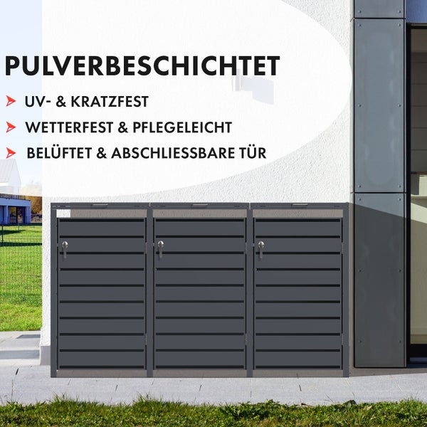 FLOORDIREKT Mülltonnenbox Magnus mit Edelstahlrahmen 198,5 x 80 x 116 cm - 3 Türen
