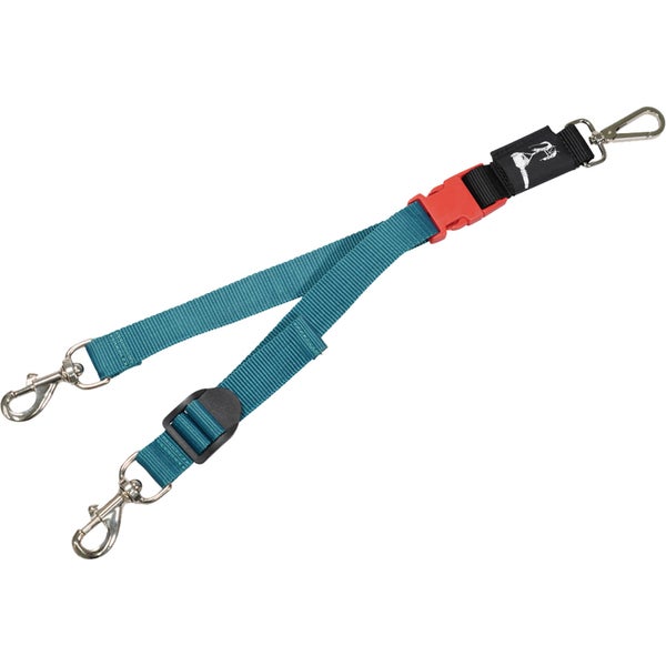 Längenverstellbare Koppelleine für zwei Hunde aus Nylon mit drei Karabinern, Steckverschluss und Trixie Logo.