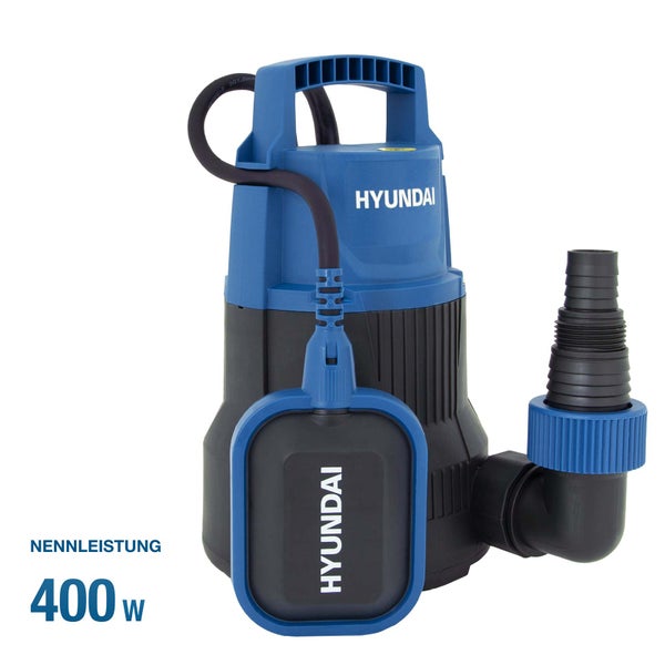 Hyundai Schmutzwasser-Tauchpumpe mit 400 Watt Nennleistung, Schwimmerschalter und Tragegriff. Hyundai Logo.