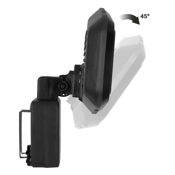 LED-Strahler mit verstellbarer Halterung und um 45 Grad neigbarem Leuchtkopf.