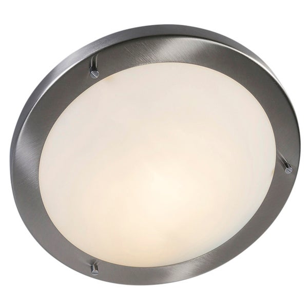 Runde Deckenleuchte mit Metallrahmen und mattierter Glasabdeckung, befestigt mit drei Schrauben.