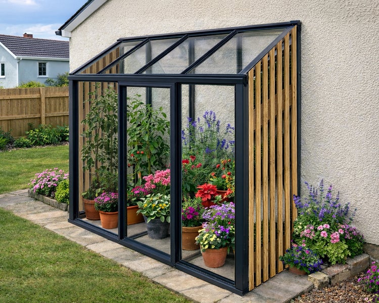 Anlehn-Gewächshaus mit Metallrahmen, Glaswänden und Holzlamellen an der Seite, bepflanzt mit Blumenkübeln an einer Hauswand im Garten.