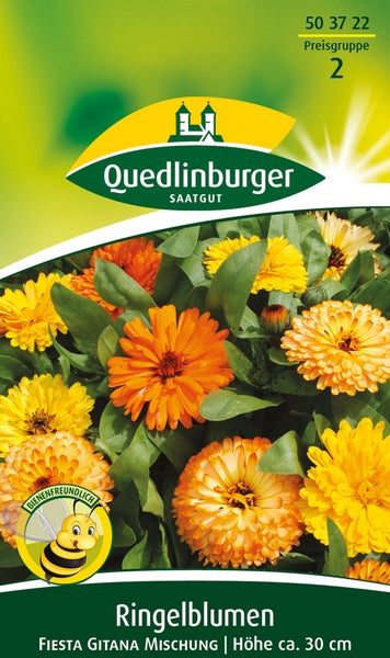 Samentüte Ringelblumen Fiesta Gitana Mischung, Quedlinburger Saatgut, Höhe circa 30 Zentimeter, bienenfreundlich, Quedlinburger Saatgut Logo.