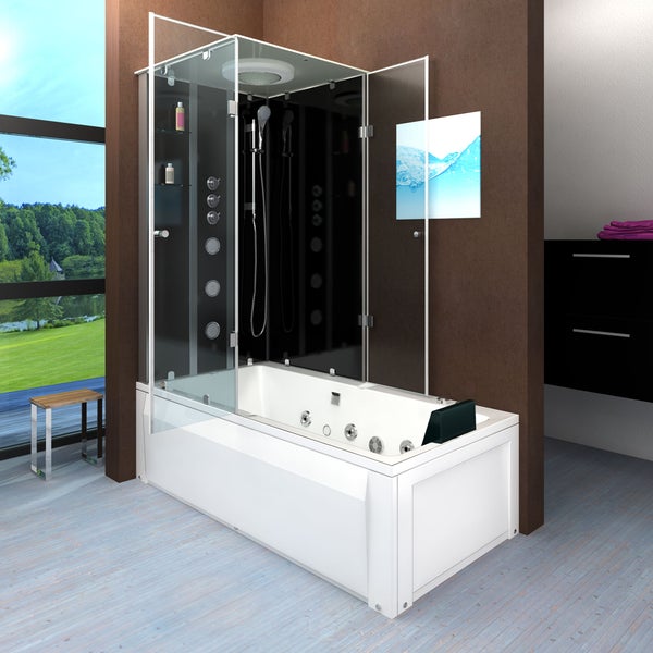 Moderne Whirlpool-Badewanne mit integrierter Duschkabine aus Glas, Massagedüsen, Regendusche und Handbrause in einem hellen Badezimmer.