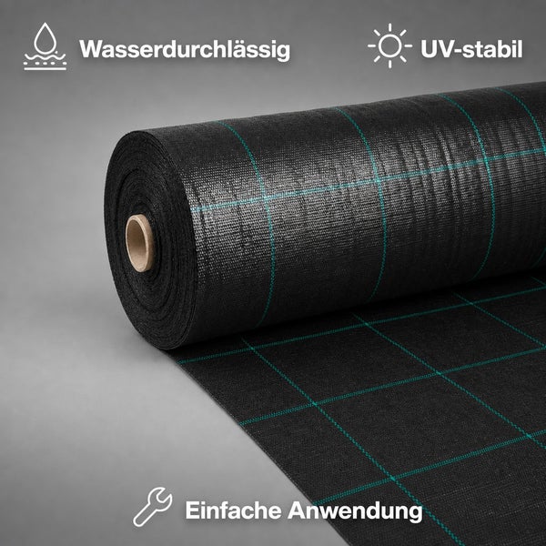 Eine Rolle Unkrautvlies mit Gittermuster, wasserdurchlässig, UV-stabil und für eine einfache Anwendung geeignet.