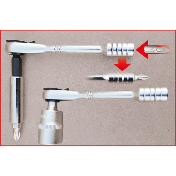 Feinzahn-Umschaltknarre mit Bits und Stecknuss-Adapter