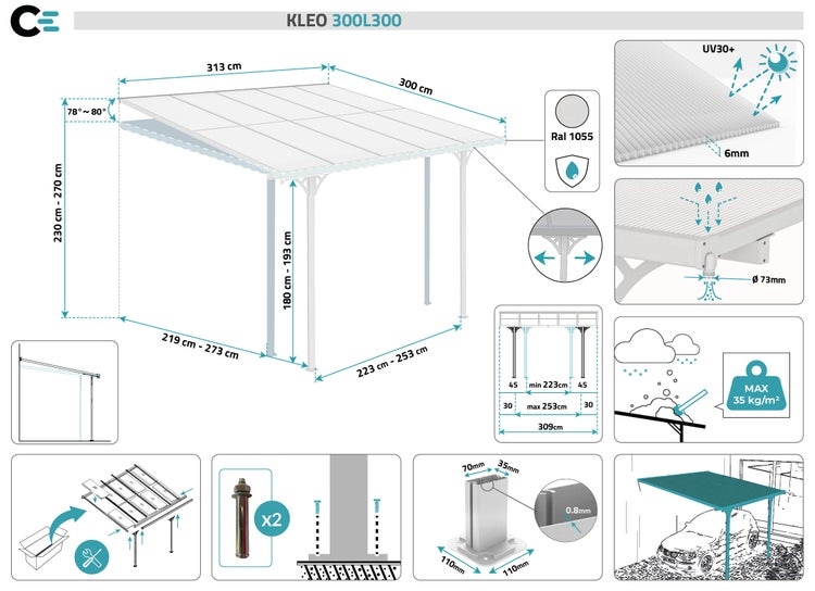 Terrassenüberdachung garten alu Weiß KLEO - Höhe verstellbar 313x300x225/270 cm - mit Polycarbonat Dach Weiß halbtransparent 6mm Auch Pergola/Carport