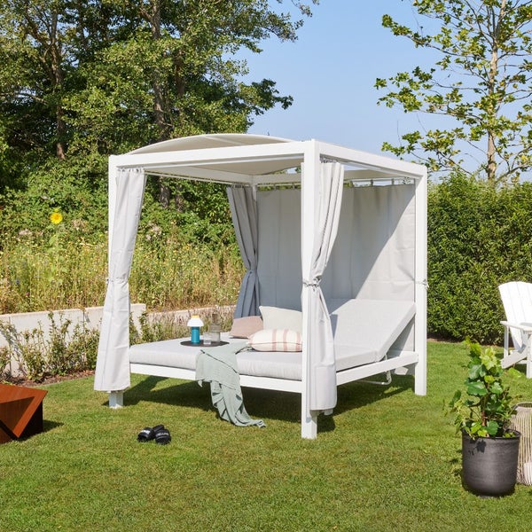 Home Deluxe - Sonnenliege - LYON, Maße: ca. 208 x 188 x 207 cm, FARBE: Weiß, Loungebett für 2 Personen, inkl. Vorhänge und Sonnendach I Gartenliege Doppelliege Gartenliege