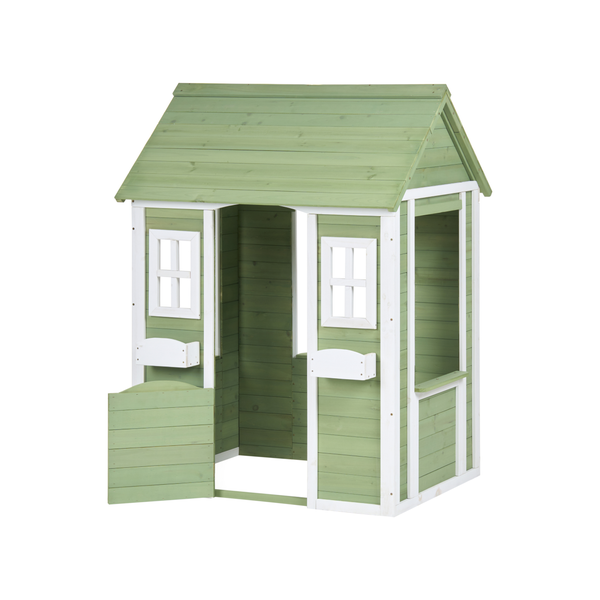 Kinderspielhaus aus Holz mit Satteldach, zwei Fenstern mit Blumenkästen und einer halbhohen Tür.