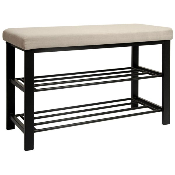 Schuhbank mit schwarzem Metallgestell, zwei Ablageböden und gepolsterter Sitzfläche aus beigem Stoff.