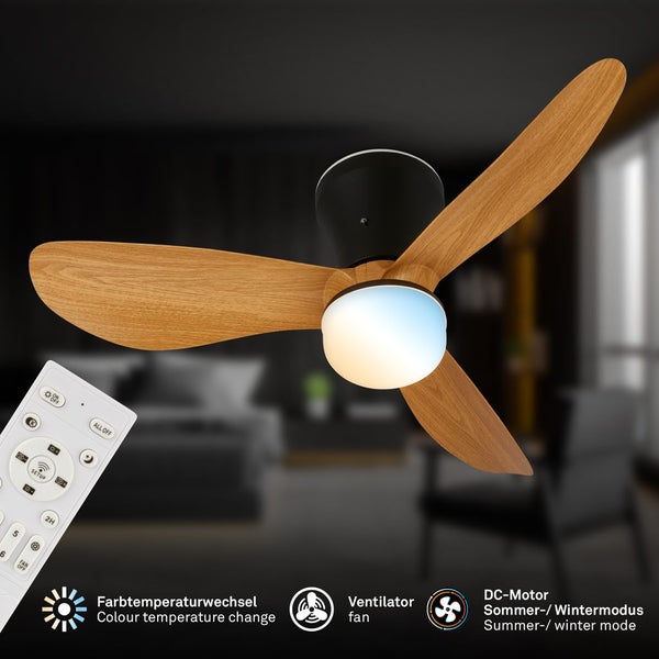 Deckenventilator mit drei Holzflügeln, integrierter Leuchte, Fernbedienung, DC-Motor für Sommer- und Wintermodus sowie Farbtemperaturwechsel.