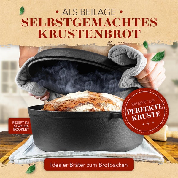KRUSTENZAUBER 35cm Gusseisen Bräter mit Deckel backofengeeignet [inkl. Fleischgabel] - Gusseisen Topf XXL - Idealer Schmortopf Kazan, Bräter Induktion, Gusseisenpfanne backofengeeignet