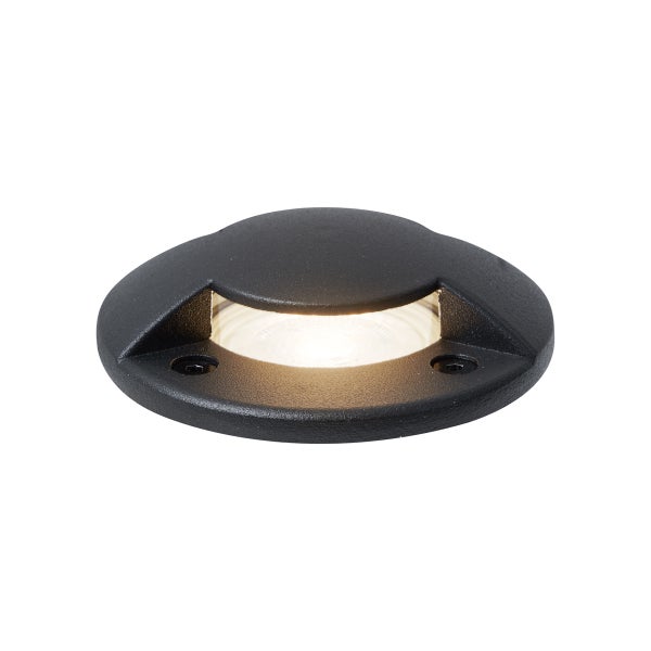 Flacher LED-Bodeneinbaustrahler aus schwarzem Metall mit warmweißem Licht für die Außenbeleuchtung.