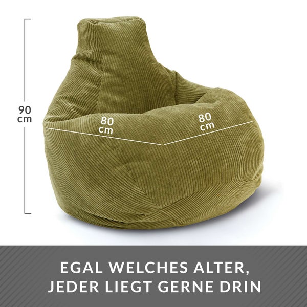 Green Bean Sitzsack mit Rückenlehne 80x80x90cm - Gaming Chair mit 230L Füllung Cordstoff - Bean Bag Bodenkissen Lounge Sitzhocker Relax-Sessel Gamer Gamingstuhl Grün
