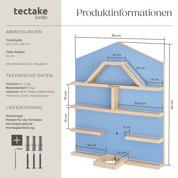 Wandregal tectake Mylittle Story 50 x 15,5 x 60 cm, unsichtbare Aufhängung für bis zu 50 Tonies blau