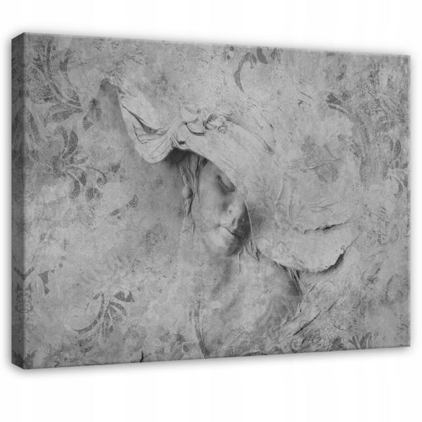 Leinwandbild mit Schwarz-Weiß-Porträt einer Frau mit großem Hut vor floralem Hintergrund in Vintage-Optik.