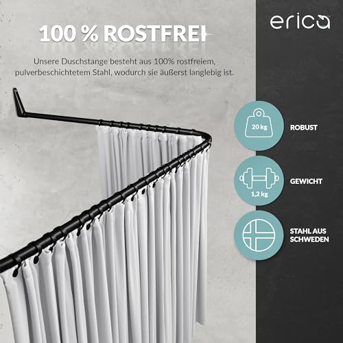 Erica Winkelstange Dusche 85x95x85 cm, Winkelstange Duschvorhang, Wandmontage ohne Deckenbefestigung, Schwarz Pulverbeschichteter Stahl, 100% Rostfrei