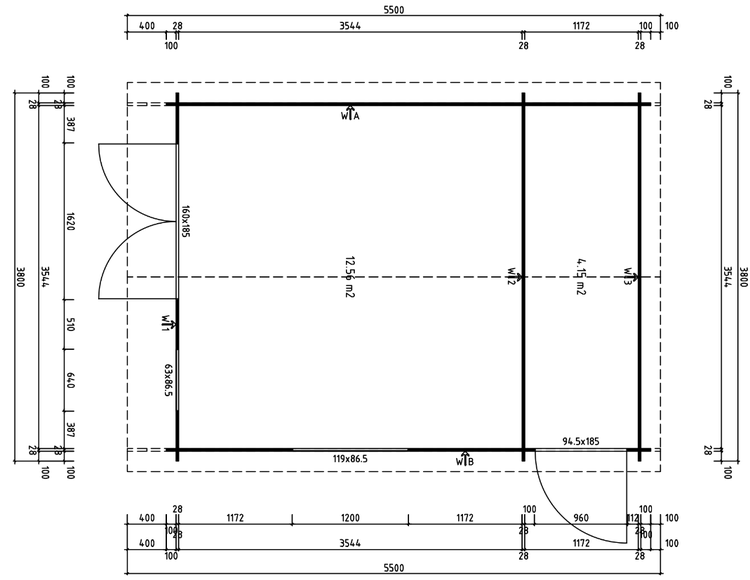 Technischer Grundrissplan für ein Gartenhaus mit Raumaufteilung und Maßangaben in Millimetern.