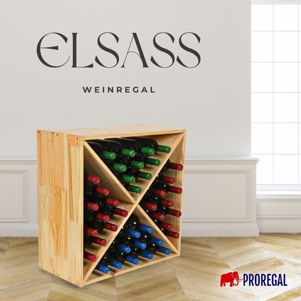 Holz-Weinregal Elsass von Proregal mit X-Fächern, gefüllt mit Weinflaschen, auf Holzboden stehend.