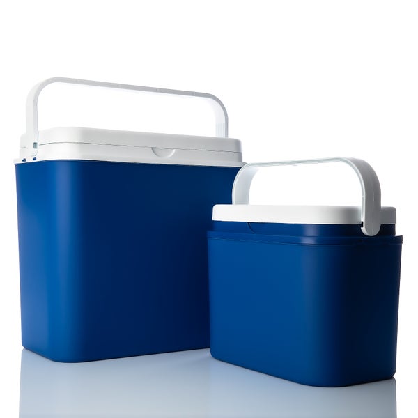 Kühlbox 2er Set 24 L groß + 10 L klein blau/weiß inkl. 6 Kühlakkus - Bis zu 14 Std. Kühlung - Outdoor Kühltasche Thermobox für unterwegs - Made in Europe
