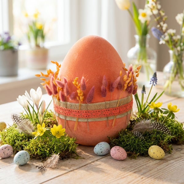 Osterdekoration mit einem großen Ei verziert mit Trockenblumen, umgeben von Moos, Federn und kleinen Ostereiern auf einem Holztisch.