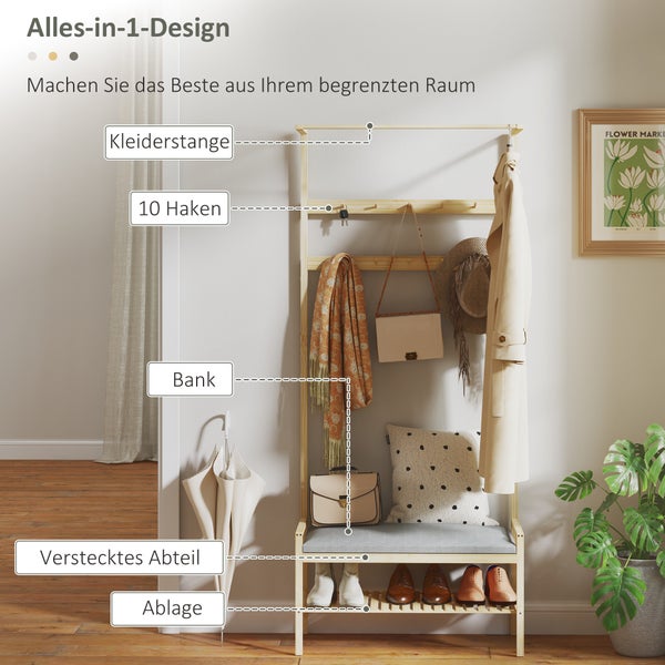 HOMCOM Garderobenständer mit Schuhbank, Kleiderständer mit Haken, Schuhregal, Garderobe mit Sitzkissen, Jackenständer für Eingangsbereich, Flur, Bambus, Natur
