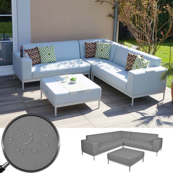 Eck-Lounge-Set aus Stoff mit Tisch und Kissen auf einer Terrasse, inklusive Detailansicht des wasserabweisenden Materials.