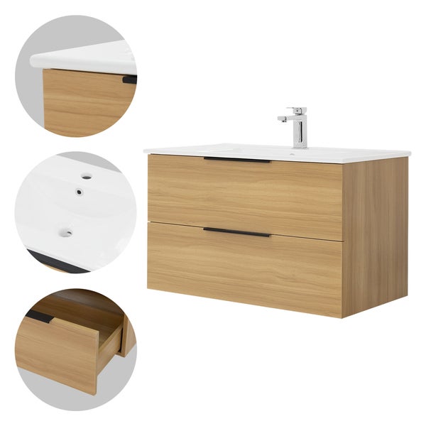 ML-Design Badmöbel-Set 2-teilig, Braun, Unterschrank 89x45x52 cm, Waschbecken Waschtisch 91 cm Keramik, MDF, Badezimmermöbel, Waschbeckenunterschrank, Badset, Badezimmer Möbel Set, viel Stauraum