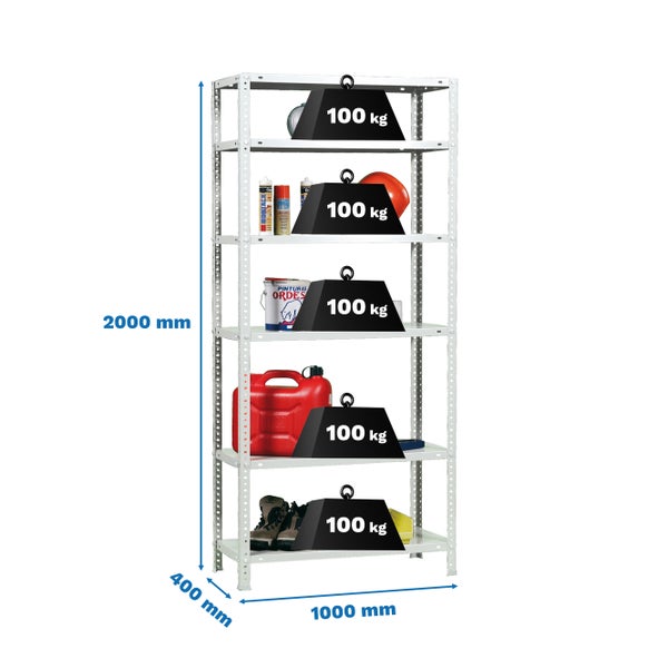 Schraubregal PANDA TALL | HxBxT 200x100x40cm | 6 Fachböden | Fachlast 100kg | Weiß
