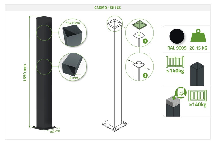 Technische Zeichnung eines Torpfostens CARMO 15H165, 1650 Millimeter hoch, 15 mal 15 Zentimeter Profil, RAL 9005, mit Montagehinweisen und Lastgrenze.