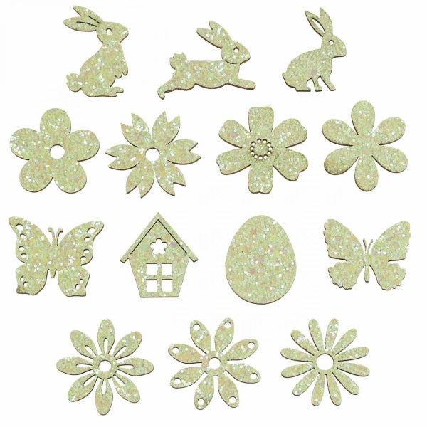 Dekorative Holzfiguren mit Glitter in Hasen-, Blumen-, Schmetterlings-, Haus- und Eiform