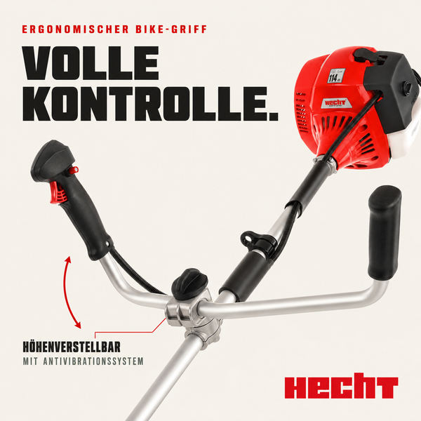 Hecht Freischneider mit ergonomischem Bike-Griff, schwarzen Griffen, rotem Motor, höhenverstellbarem Holm und Antivibrationssystem. Hecht Logo.
