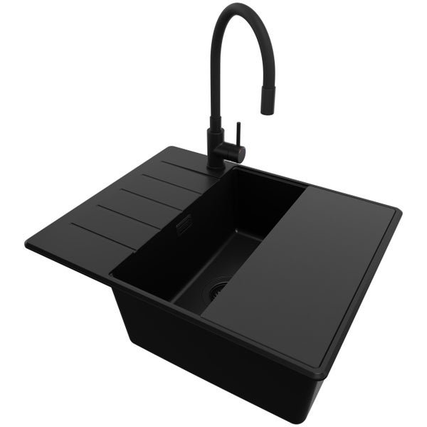 Schwarzes Spülbecken mit Abtropffläche und Wasserhahn