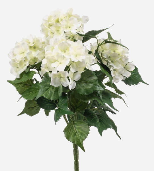 Künstliche Hortensie mit weißen Blüten und grünen Blättern