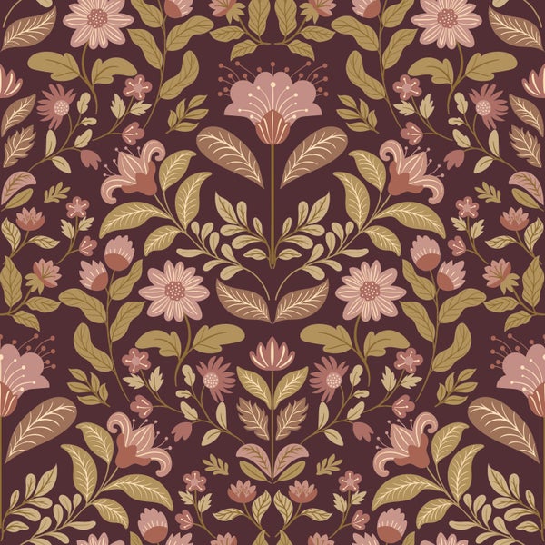 Floral gemustertes Wanddesign mit Blumen und Blättern in symmetrischer Anordnung