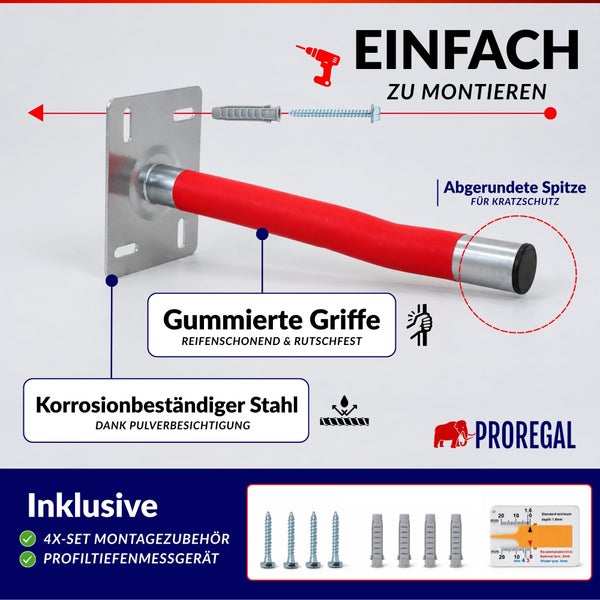 Reifenwandhalterung mit gummierter Oberfläche aus korrosionsbeständigem Stahl inklusive Befestigungsmaterial und Profiltiefenmesser von Proregal.